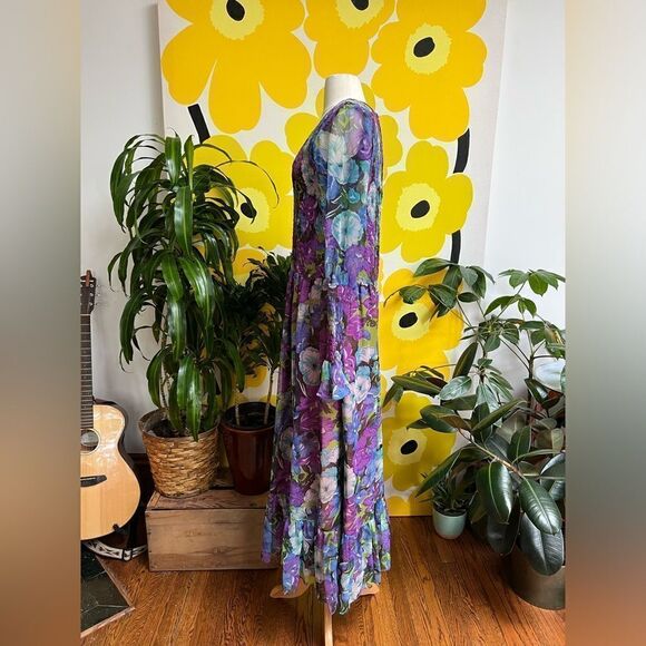 Dreamy 1960s 1970s Sheer Sleeve Smocked Flowy Flower Power Maxi Gown - Picture 6 of 13